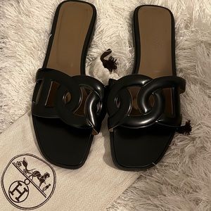 Hermés Black Leather Aloha Flat Slides